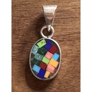 Vintage Southwestern Mexican Sterling Silver Mosaic Inlay 1.5” Pendant 925